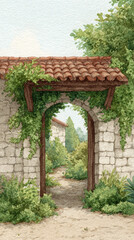 Explore a Serene Pathway Through a Rustic Archway Adorned with Lush Greenery in a Tranquil Landscape of a Charming Cottage Garden