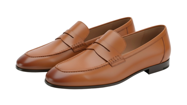 Elegant pair of classic brown leather slip-on shoes rendered against a dark backdrop