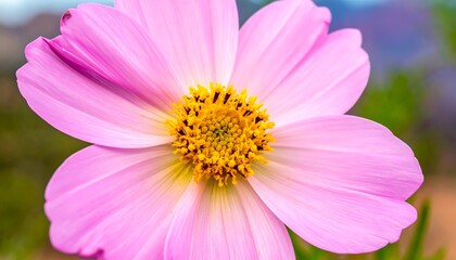 Obraz premium Close-up view of a vibrant pink flower with a yellow center, outdoors