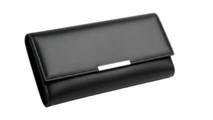 Sleek black leather clutch style accessory rests against a dark background