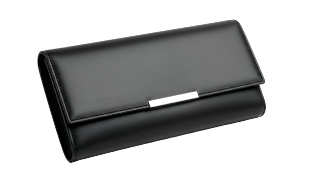 Sleek black leather clutch style accessory rests against a dark background