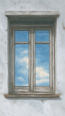Obraz premium A Serene View Through a Rustic Wooden Window Framed by Natural Elements and Light, Capturing Tranquil Skies and Architectural Elegance