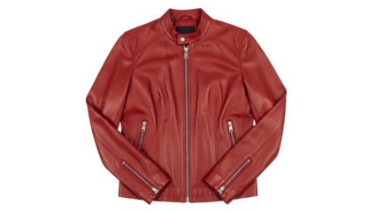 Sleek red leather jacket with silver hardware displayed against a solid black background