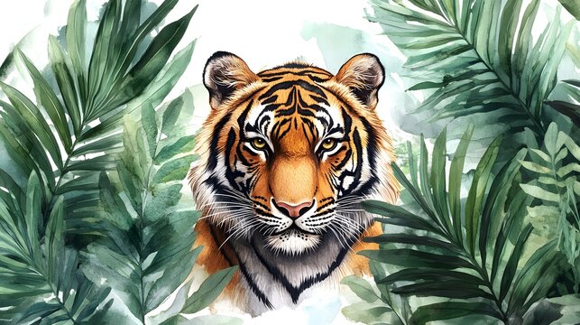 tiger in Tropical Foliage Watercolor Illustration Design for Photo Wallpapers Mural Jungle Art