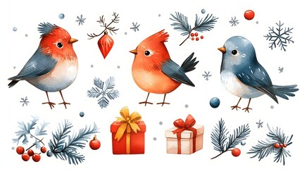 Fototapeta premium watercolor winter bird isolated on white background cute watercolor bird robin warm winter illustration christmas concept cartoon character design for print greeting or post card