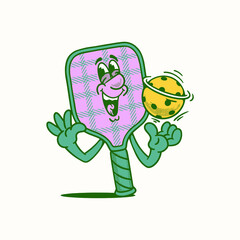 Groovy pickleball racket and ball character in retro cartoon. Mascot, vector, icon, collection, sticker, vintage, illustration, set, funny, logo, comic, editable, sport