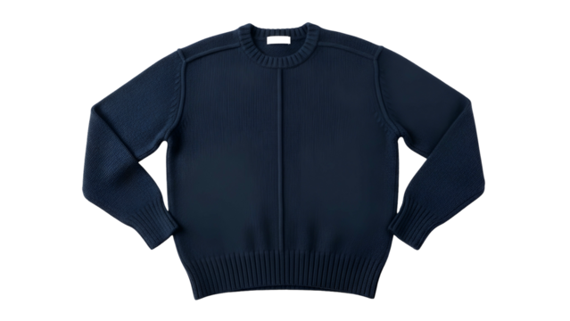 Dark blue knitted pullover garment displayed against a solid black background