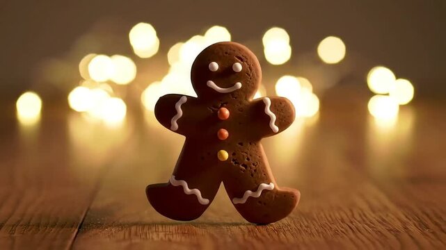 merry christmas of a smiling gingerbread man cookie standing on a rustic wooden surface with warm, glowing bokeh lights in the background.