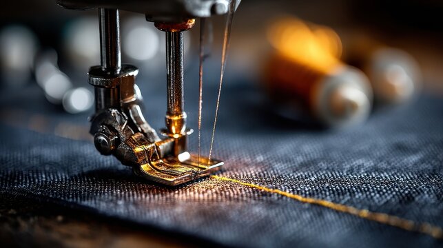 Close-up of Sewing Machine Stitching Denim Fabric with Golden Thread