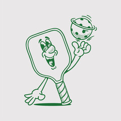 Groovy pickleball racket and ball character in retro cartoon. Mascot, vector, icon, collection, sticker, vintage, illustration, set, funny, logo, comic, editable, sport