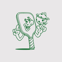 Groovy pickleball racket and ball character in retro cartoon. Mascot, vector, icon, collection, sticker, vintage, illustration, set, funny, logo, comic, editable, sport