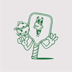 Groovy pickleball racket and ball character in retro cartoon. Mascot, vector, icon, collection, sticker, vintage, illustration, set, funny, logo, comic, editable, sport