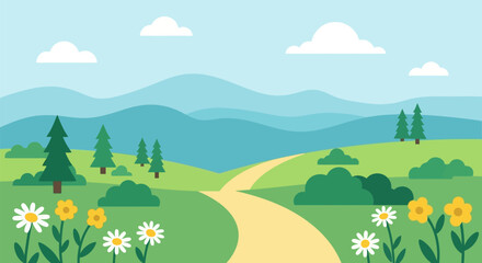 Obraz premium A peaceful landscape featuring rolling green hills path and distant mountains