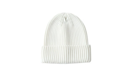 Simple white knitted skullcap rests against a solid black background