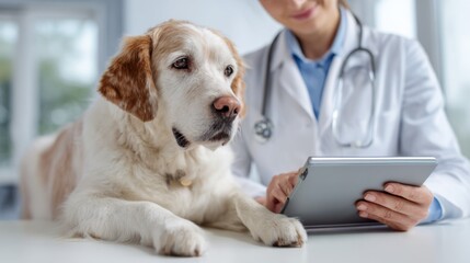 Veterinarian Consults with Pet Owner Using Tablet While Golden Retriever Sits Calmly on Table in Bright Veterinary Clinic Environment