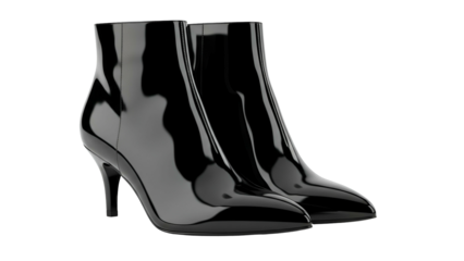 Pair of sleek, high-heeled ankle boots rendered in glossy black material against a dark background