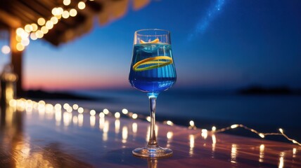 Blue cocktail with orange peel on bar at dusk with fairy lights drink glass