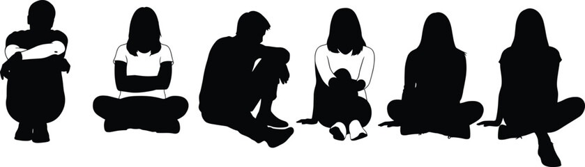 Set of people sitting on the floor silhouettes, male and female figures in casual poses, black vector illustration for design and artwork themes