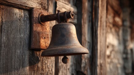 Obraz premium Rusty vintage bell mounted on an old wooden wall with weathered texture, showcasing rustic charm and historical character in a serene, countryside setting