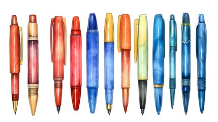 Watercolor Artistic Ink Pens and Markers: A flat lay of artistic ink pens and markers in vibrant colors, isolated on a white background