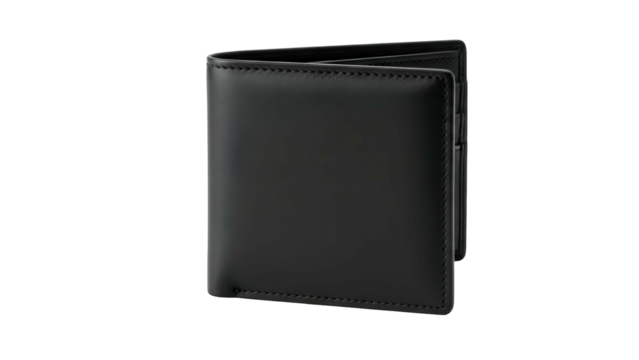 Simple black leather bifold accessory rests partially open against a dark background.