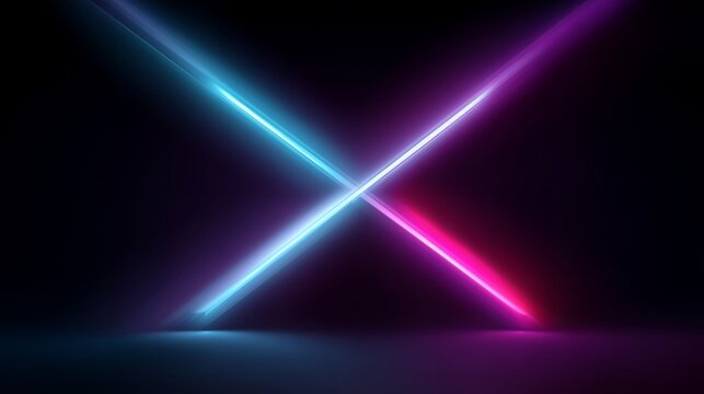 Intersecting Neon Light Beams Forming X Shape on Dark Background
