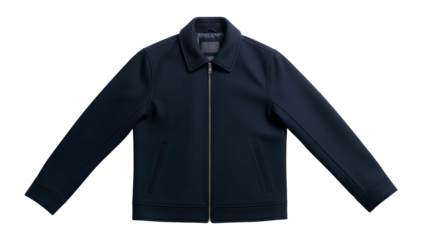 Dark navy blue zip front outerwear garment displayed against a solid black background