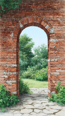 Explore the Beauty of Nature Through an Archway: A Serene Watercolor View of a Garden Beyond a Brick Structure