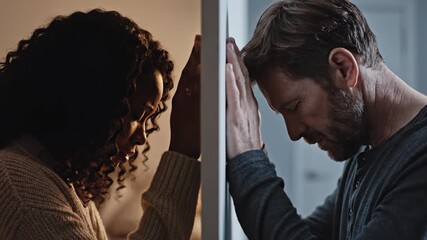 Couple Feeling Sad and Separated by Wall. Represents heartbreak, disconnection, communication breakdown, and marital or relationship problems