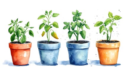 Obraz premium watercolor plants in pots on a white background artistic botanical illustration