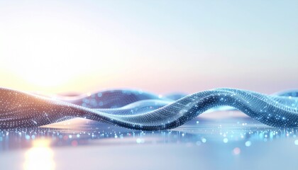 Abstract ocean wave made of glowing data particles and light ribbons, symbolizing flow of information, soft pastel blue tones, futuristic lighting