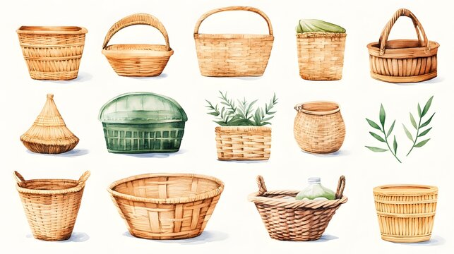 Watercolor depiction of an empty basket, featuring a wicker design. This rustic farmhouse basket, ideal for picnics and gardening, showcases the charm of watercolor artistry in basket creation.