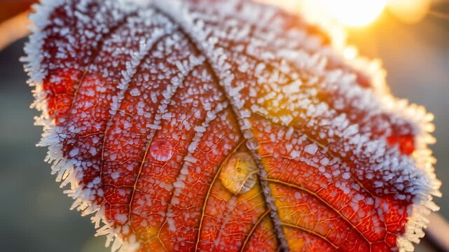 Close-up of a frosted, red leaf with water droplets and golden sunlight