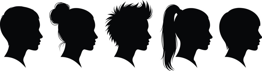 Vector illustration of human head silhouettes in profile with different hairstyles, male and female faces collection for design and creativity