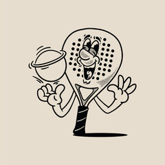 Groovy padel racket and ball character in retro cartoon. Mascot, vector, icon, collection, sticker, vintage, illustration, set, funny, logo, comic, editable, sport