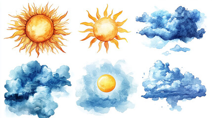 Collection of small watercolor cloudlets featuring warm gold accents and soft blues, each with unique weather elements, isolated on transparent background