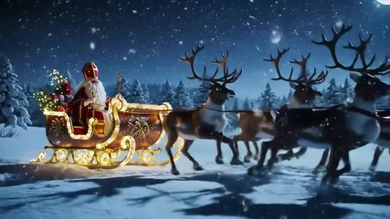 merry christmas of Sinterklaas riding majestically in a golden sleigh pulled by a team of reindeer through a pristine, snowy winter forest at night. - Powered by Adobe
