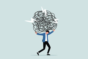 The burden of stress or anxiety due to difficulties and excessive workload, pressure due to too much responsibility, the exhausted entrepreneur carrying a heavy and messy rope on his back.