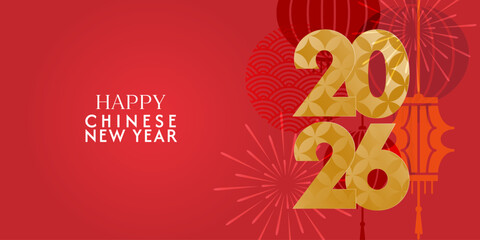 chinese new year 2026, year of the horse. vector abstract web banner with tradition symbols, asian lantern, fireworks, red background, lettering in modern illustration