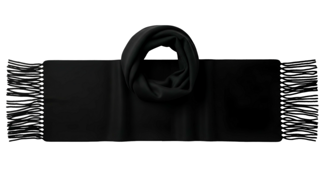 Solid black textile accessory with fringed ends is elegantly draped against a dark backdrop