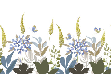 Vector floral seamless pattern, border with blue flowers and butterflies