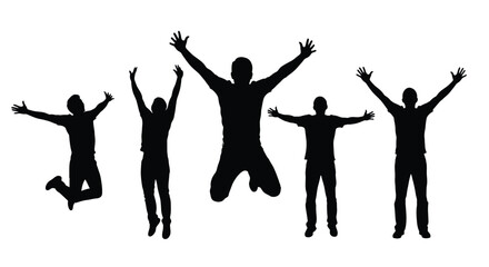 Silhouettes of people jumping and celebrating with arms raised high