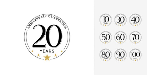 Minimal classic birthday number logo design. Anniversary symbol with star icon and circle frame concept. 10, 20, 30, 40, 50, 60, 70, 80, 90, 100, elegant age celebration vector template