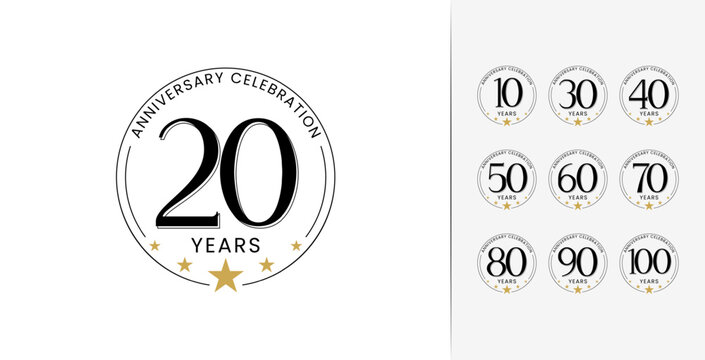 Minimal classic birthday number logo design. Anniversary symbol with star icon and circle frame concept. 10, 20, 30, 40, 50, 60, 70, 80, 90, 100, elegant age celebration vector template