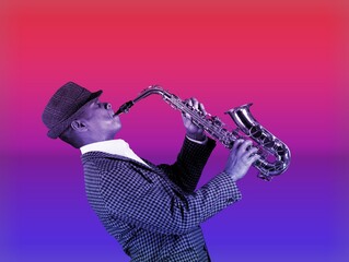 jazzman musician playing saxophone in neon light.