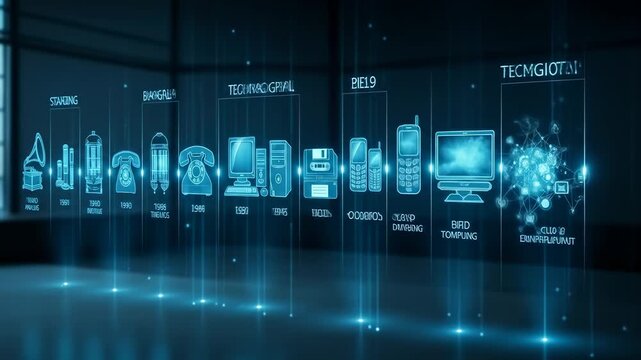 A glowing, blue timeline traces the evolution of technology from analog to digital