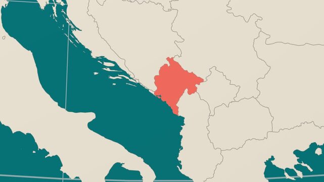 Montenegro map. Animated zoom into the country on the Globe in Teal Pale Mint color palette. Country logo animation. Map with meridians, parallels. Alive video.