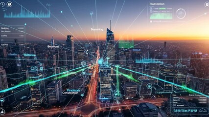 A cityscape rendered with digital overlays, displaying data visualization - Powered by Adobe