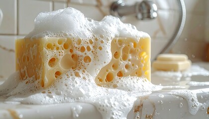 Yellow rectangular sponge covered in foamy bubbles, bathroom setting