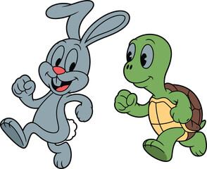 Cute cartoon illustration of rabbit and turtle running happily together, classic fable concept, animal friendship, children story, competition, teamwork and determination theme